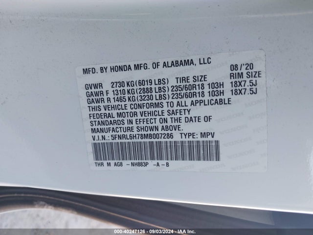 Honda Odyssey Ex-l 2021 5FNRL6H78MB007286 Image 9