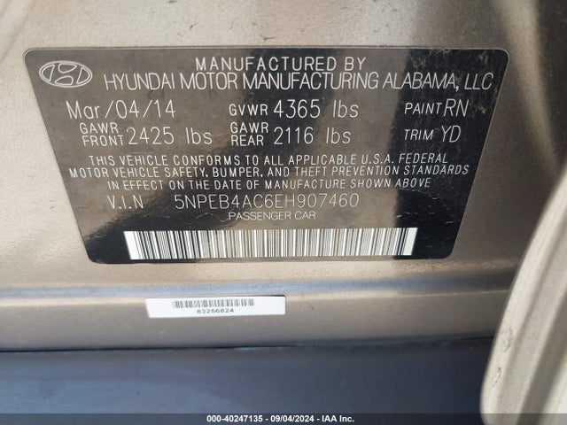 Hyundai SONATA GLS 2014 5NPEB4AC6EH907460 Image 9