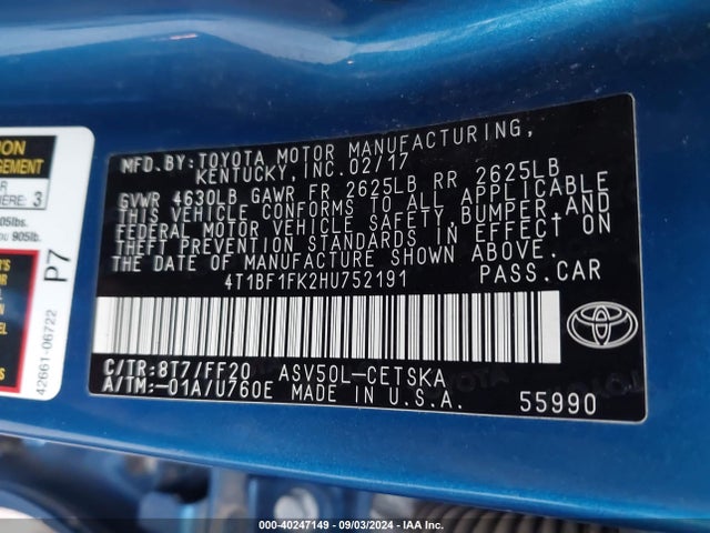 Toyota CAMRY SE 2017 4T1BF1FK2HU752191 Image 9