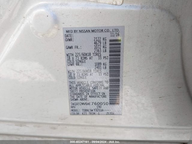 5N1AT2MV6HC760050 Nissan Rogue Sl
