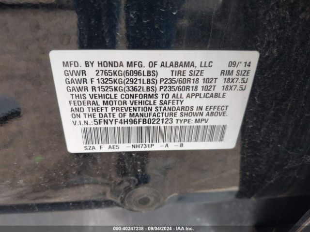5FNYF4H96FB022123 Honda Pilot Touring