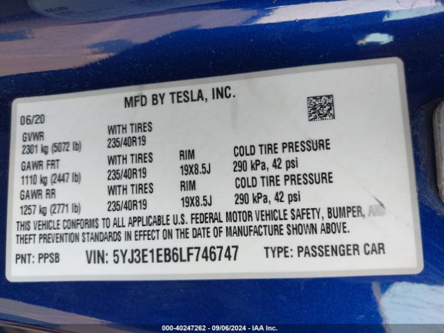 5YJ3E1EB6LF746747 Tesla Model 3 Long Range Dual Motor All-wheel Drive