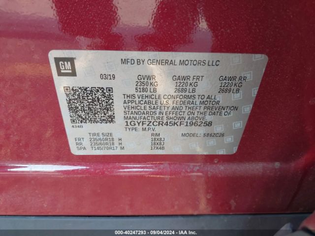 1GYFZCR45KF196258 Cadillac Xt4 Premium Luxury