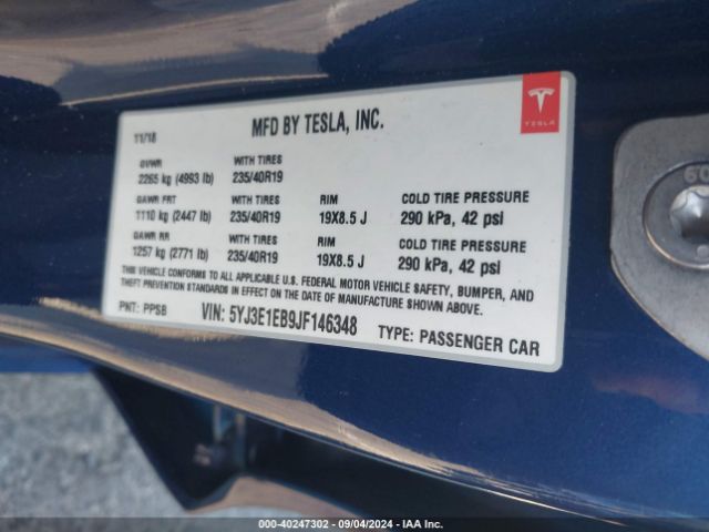 5YJ3E1EB9JF146348 Tesla Model 3 Long Range/performance