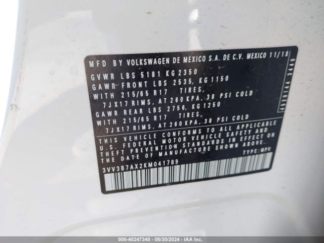 3VV3B7AX2KM041789 Volkswagen Tiguan 2.0t Se/2.0t Sel/2.0t Sel R-line/2.0t Sel R-line Black