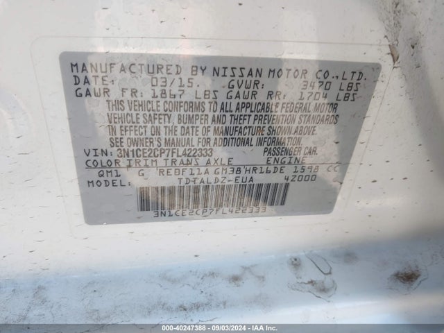 Nissan Versa Note S (sr)/s Plus/sl/sr/sv 2015 3N1CE2CP7FL422333 Image 9