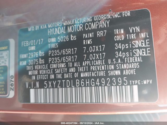 5XYZTDLB6HG492395 Hyundai Santa Fe Sport 2.4l
