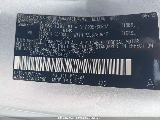 Toyota Sienna L 2020 5TDZZ3DC7LS032058 Image 9