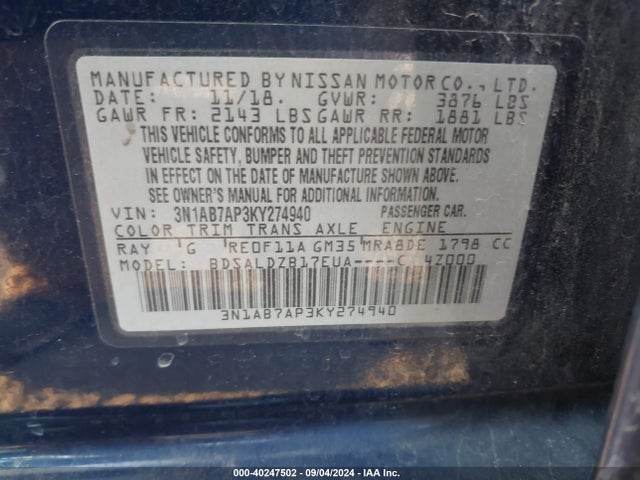 Nissan SENTRA SV 2019 3N1AB7AP3KY274940 Image 9