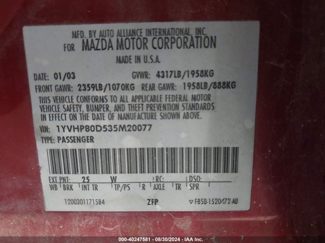 Продажа на аукционе авто 2003 Mazda Mazda6 S, vin: 1YVHP80D535M20077, номер лота: 40247581