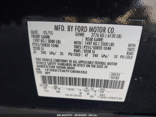 Ford EXPLORER XLT 2015 1FM5K7D87FGB90352 Image 9