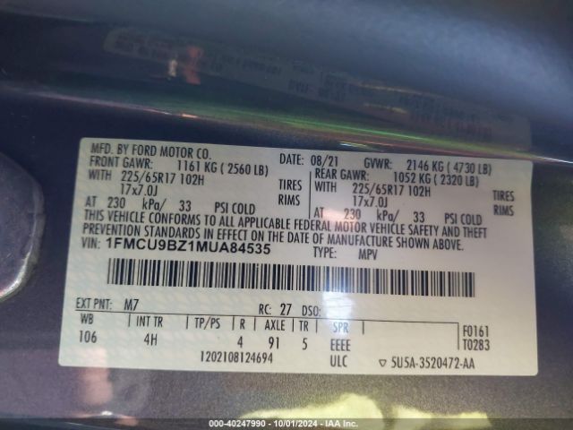 1FMCU9BZ1MUA84535 Ford Escape Se Hybrid