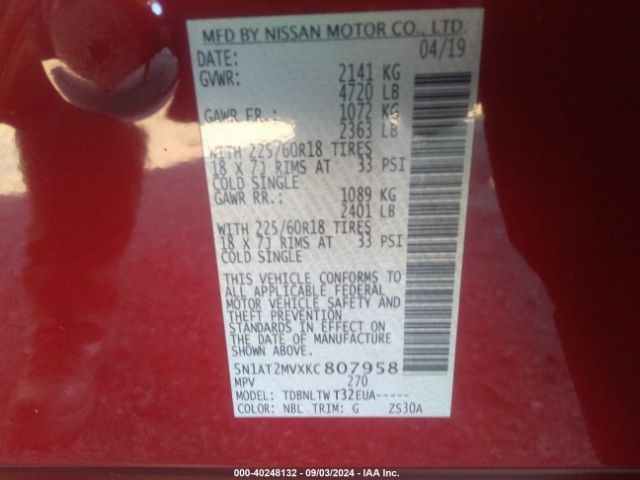 5N1AT2MVXKC807958 Nissan Rogue S/sl/sv
