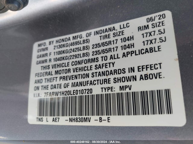 Honda Cr-v 2wd Lx 2020 7FARW1H20LE010720 Image 9