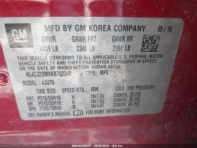 KL4CJ2SMXKB702348 Buick Encore Awd Sport Touring