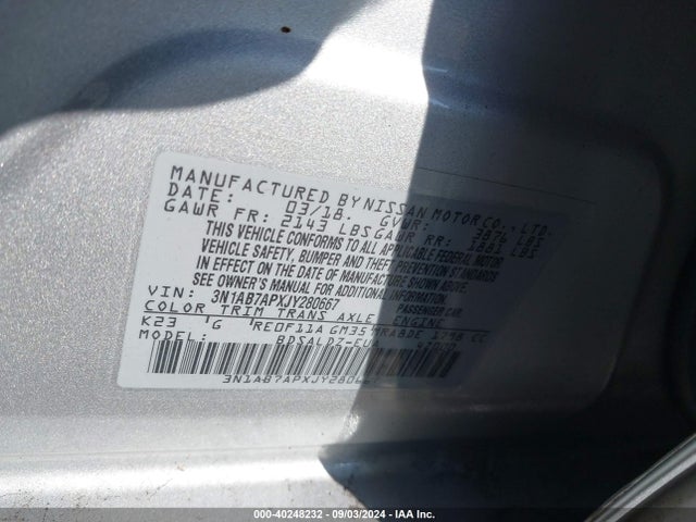 Nissan SENTRA SV 2018 3N1AB7APXJY280667 Image 9