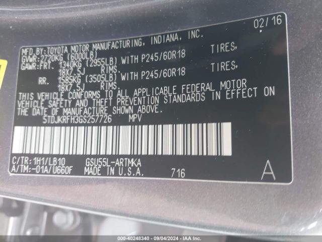 5TDJKRFH3GS257726 Toyota Highlander Xle V6