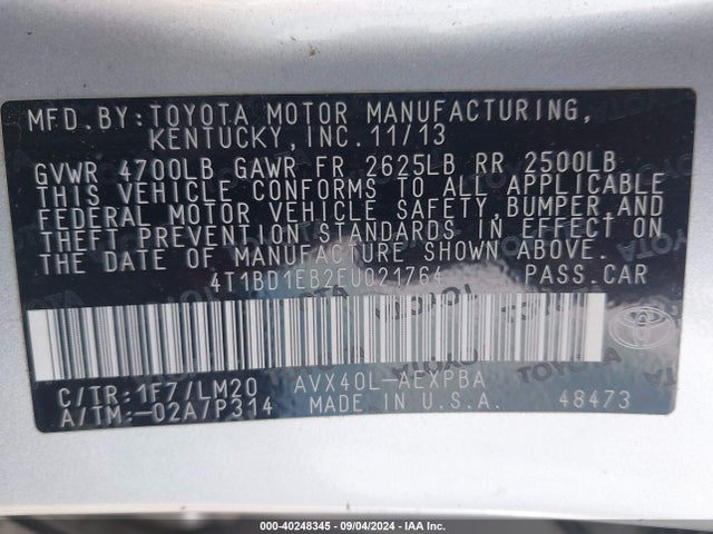 Toyota Avalon Hybrid Limited 2014 4T1BD1EB2EU021764 Image 9