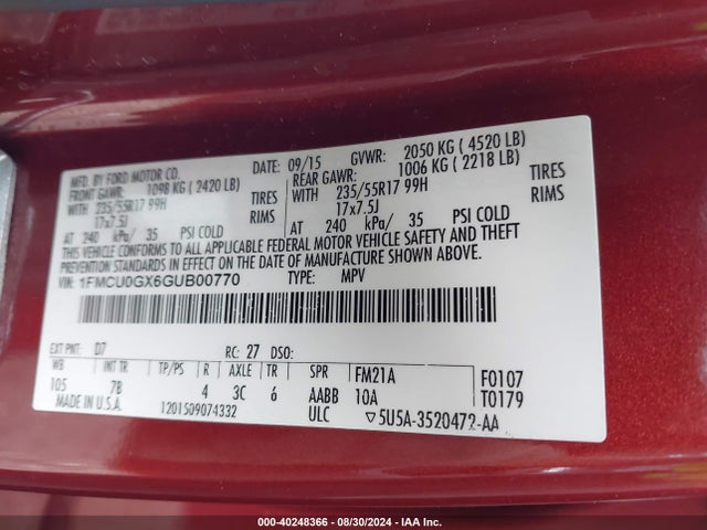 Ford ESCAPE SE 2016 1FMCU0GX6GUB00770 Image 9
