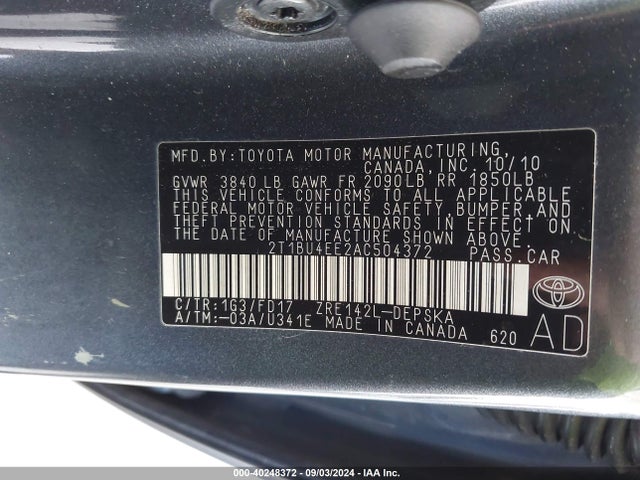 Продаж на аукціоні авто 2010 Toyota Corolla S, vin: 2T1BU4EE2AC504372, номер лоту: 40248372