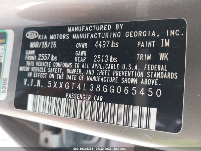 5XXGT4L38GG065450 KIA Optima Lx