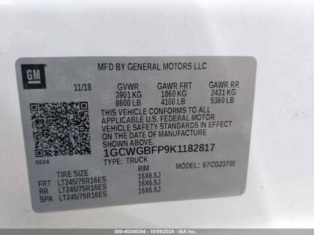 1GCWGBFP9K1182817 Chevrolet Express 2500 Work Van