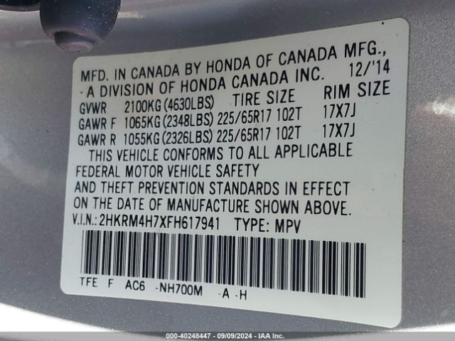2HKRM4H7XFH617941 Honda Cr-v Ex-l