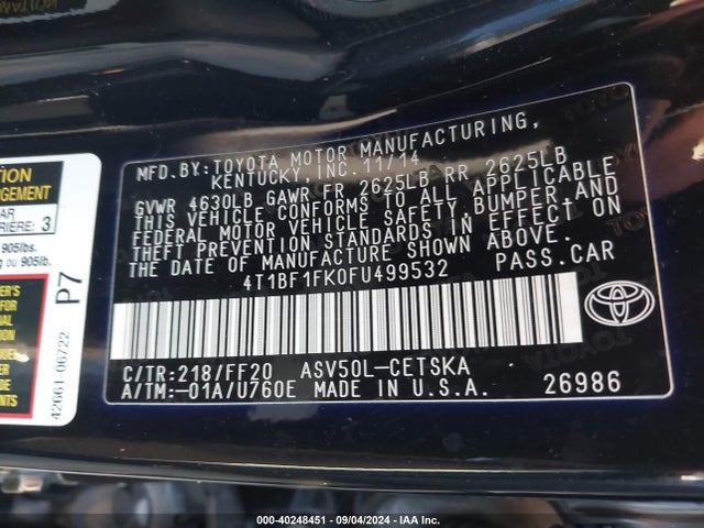 Toyota CAMRY SE 2015 4T1BF1FK0FU499532 Image 9