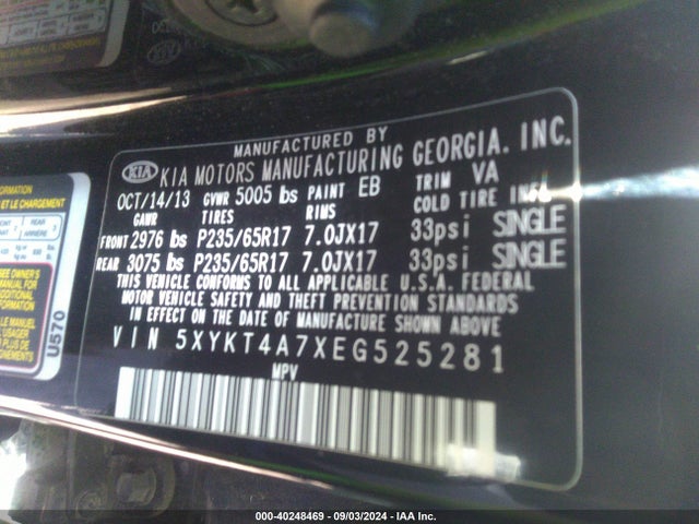 KIA Sorento Lx V6 2014 5XYKT4A7XEG525281 Image 9