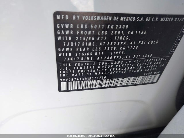 3VV2B7AX5MM075790 Volkswagen Tiguan 2.0t Se/2.0t Se R-line Black/2.0t Sel