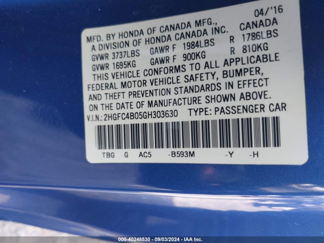 Honda Civic Lx-p 2016 2HGFC4B05GH303630 Image 9
