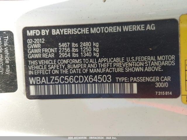 Продажа на аукционе авто 2012 Bmw 650i Xdrive, vin: WBALZ5C56CDX64503, номер лота: 40248556