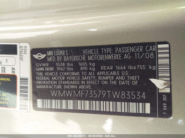 2009 MINI COOPER S WMWMF73579TW83534 Photo 8