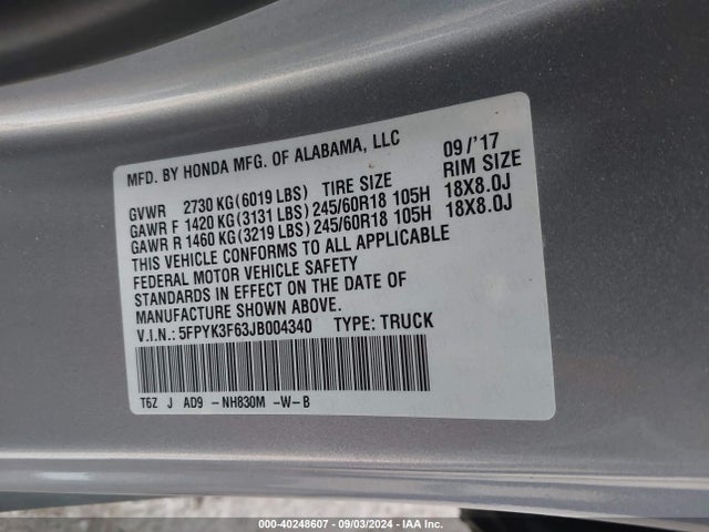 Honda Ridgeline Rtl-t 2018 5FPYK3F63JB004340 Image 9