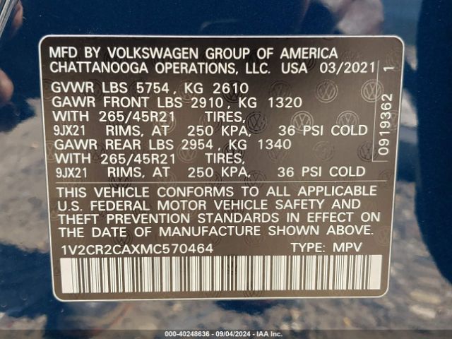 1V2CR2CAXMC570464 Volkswagen Atlas 3.6l V6 Sel R-line