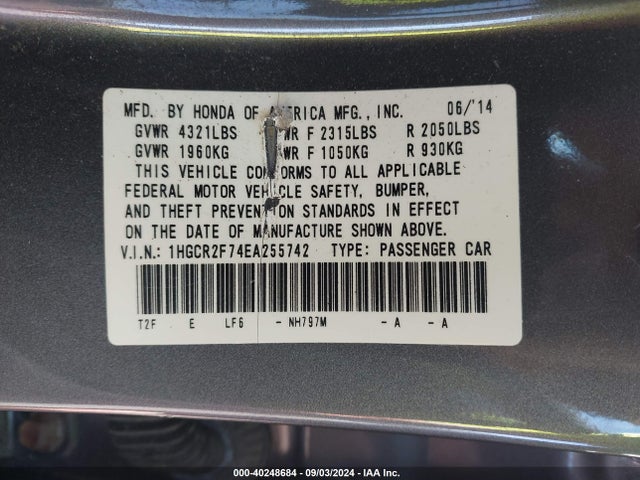 Honda ACCORD EX 2014 1HGCR2F74EA255742 Image 9