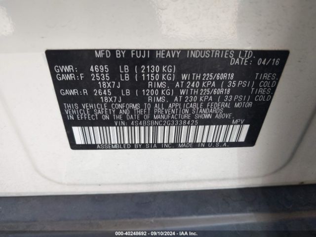 4S4BSBNC2G3338425 Subaru Outback 2.5i Limited