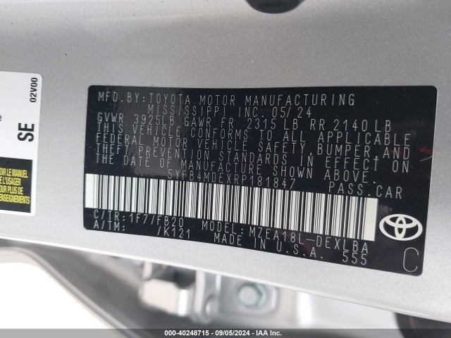 Toyota COROLLA LE 2024 5YFB4MDEXRP181847 Image 9