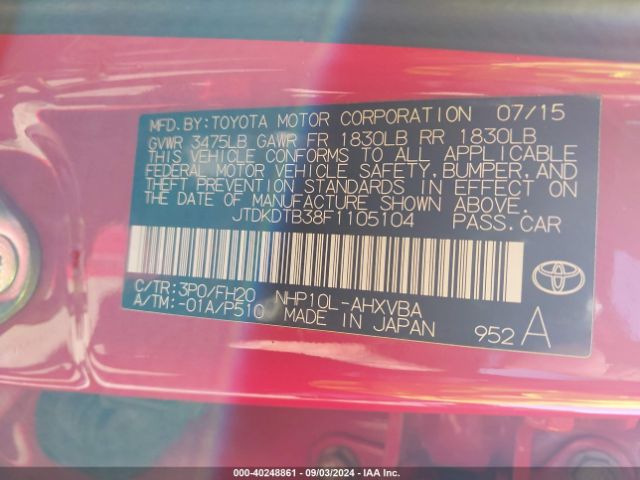JTDKDTB38F1105104 Toyota Prius C One