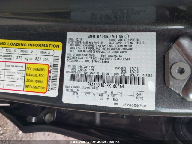 Ford FUSION SE 2019 3FA6P0HD3KR160864 Image 9