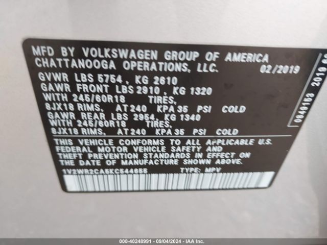 1V2WR2CA5KC544655 Volkswagen Atlas 3.6l V6 Se W/technology
