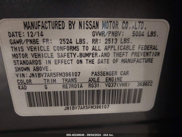 40249048 :رقم المزاد ، JN1BV7AR5FM396107 vin ، 2015 Infiniti Q50 Premium مزاد بيع
