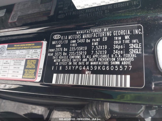 KIA Sorento 3.3l S 2019 5XYPG4A59KG605577 Image 9