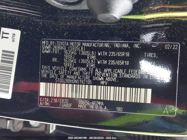 Toyota Highlander Xle 2022 5TDGZRBH0NS192195 Image 9