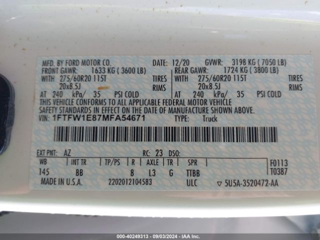 1FTFW1E87MFA54671 Ford F-150 Platinum