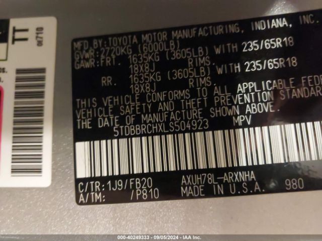 5TDBBRCHXLS504923 Toyota Highlander Hybrid Le