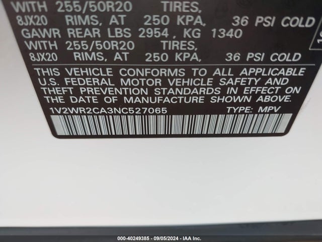 1V2WR2CA3NC527065 Volkswagen Atlas 3.6l V6 Se W/technology