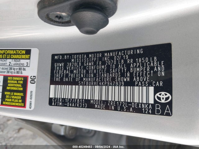 Toyota COROLLA LE 2019 5YFBURHE4KP947939 Image 9