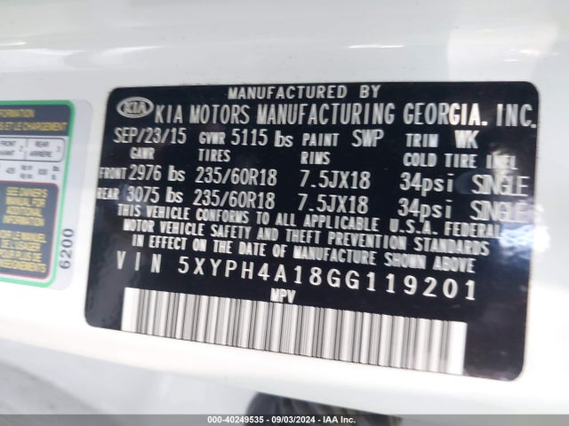 KIA Sorento 2.0t Ex 2016 5XYPH4A18GG119201 Image 9