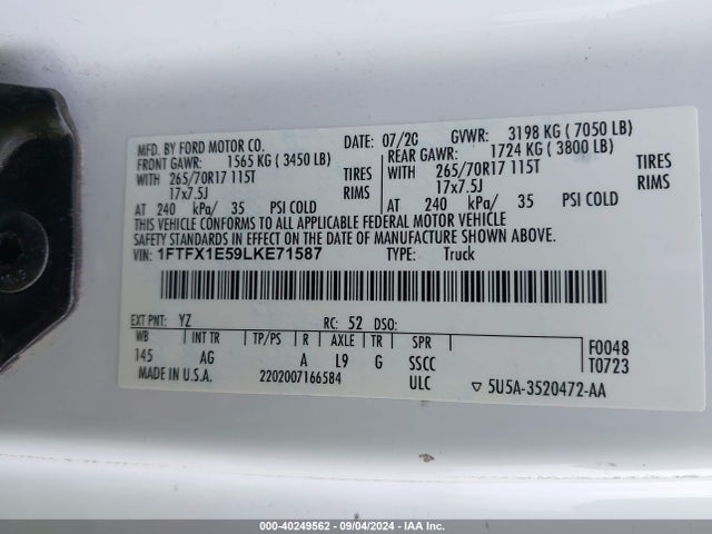 Ford F-150 Xl 2020 1FTFX1E59LKE71587 Image 9